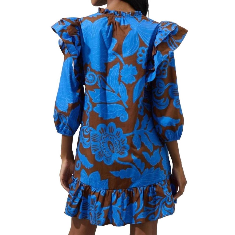 NEW SUGARLIPS floral ruffle drop waist mini dress in brown-blues - Picture 3 of 4